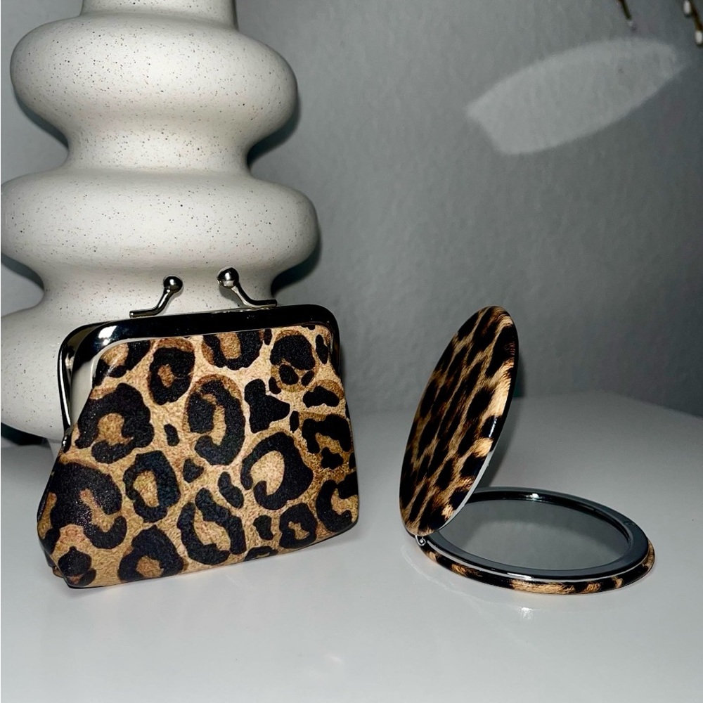 Dainty Compact Mirror & Mini Coin Pouch, Leopard Print